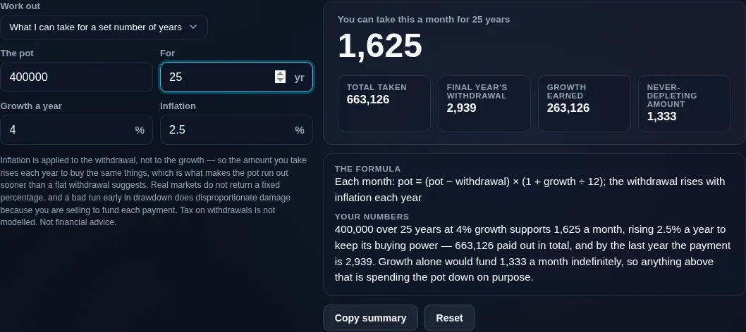 Savings drawdown calculator solving for the withdrawal that makes a pot last a set number of years