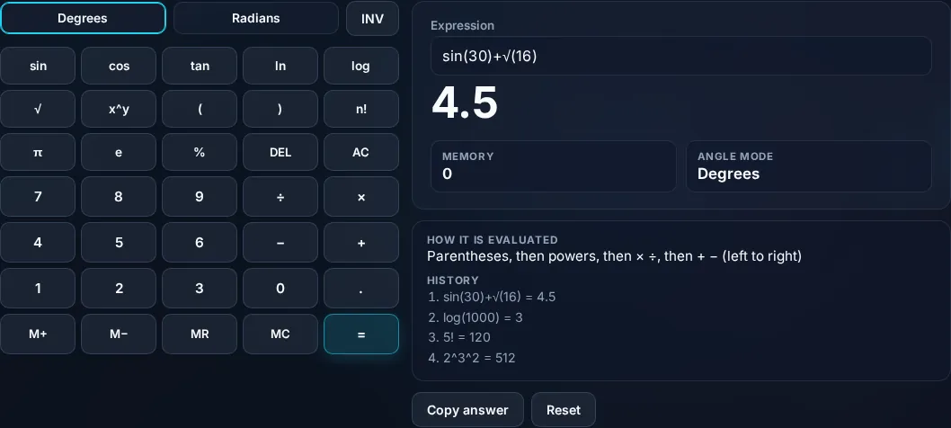 Scientific calculator showing a result and history.