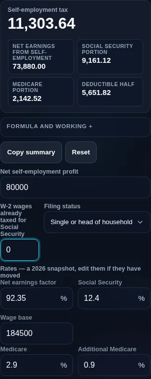 Self-employment tax calculator running in a phone browser with the rate controls stacked