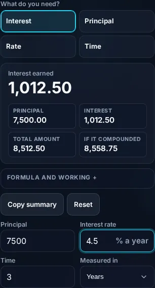 Calculating simple interest on a phone, no app installed.