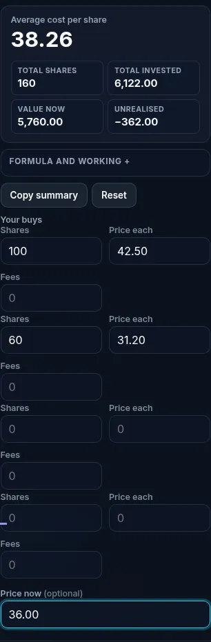 Stock average calculator running in a phone browser with the buy rows stacked