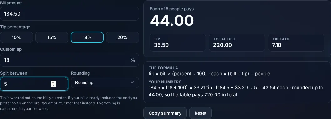 Tip percentage presets and bill split.