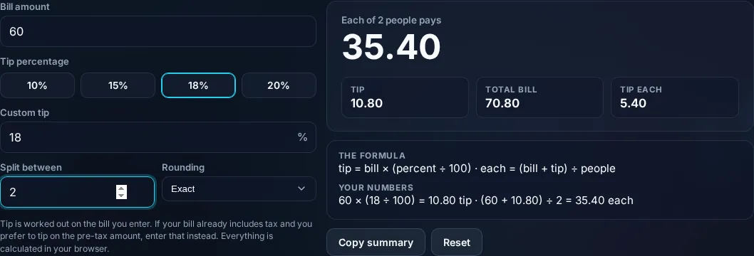 Tip Calculator showing the tip, total, and per-person split in the browser.