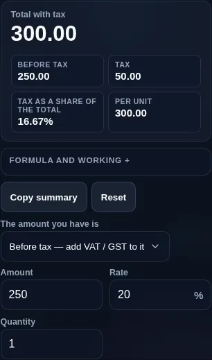 VAT GST calculator running in a phone browser with the add and remove modes in one control