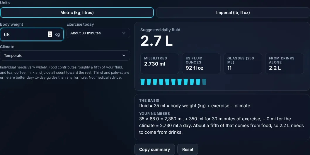 Water Intake Calculator showing a daily water target in the browser.