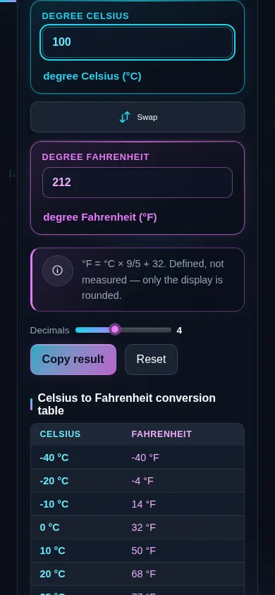 The Celsius to Fahrenheit converter on a phone screen, the two scales stacked with the swap control between them.