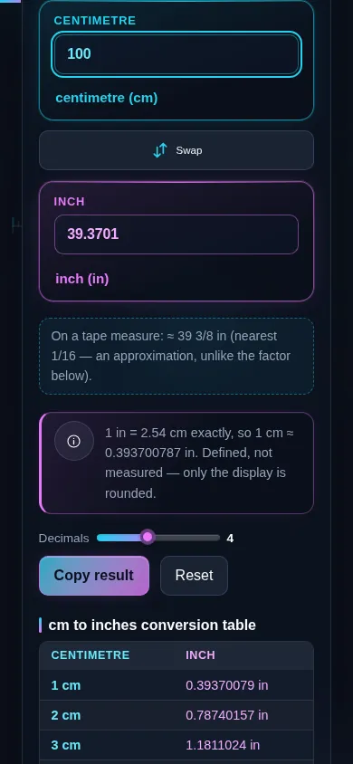 The cm to inches converter on a phone screen, the two panes stacked with the swap control between them.