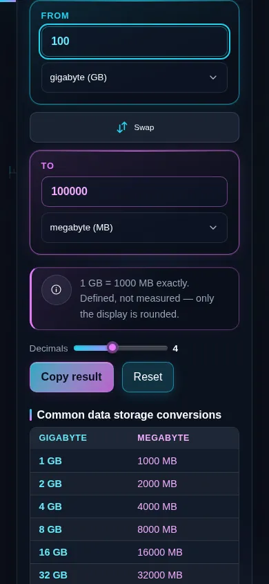 The data storage converter on a phone screen, the two panes stacked with the swap control between them.