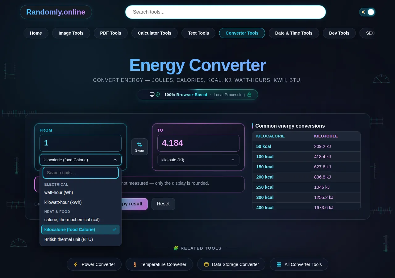 The energy converter unit list open at the boundary between its electrical group and its heat and food group, with calorie, kilocalorie and British thermal unit below the heading.