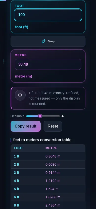 The feet to meters converter on a phone screen, the two panes stacked with the swap control between them.