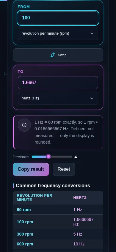 The frequency converter on a phone screen, the two panes stacked with the swap control between them.