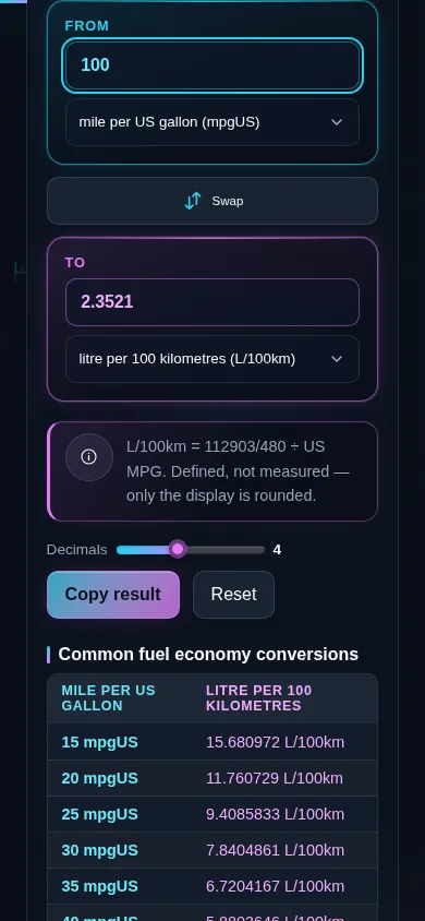 The fuel economy converter on a phone screen, the two panes stacked with the swap control between them.