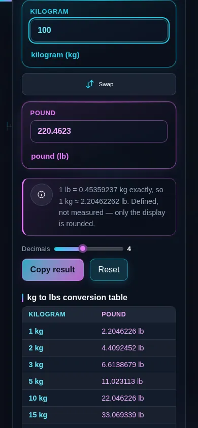 The kg to lbs converter on a phone screen, the two panes stacked with the swap control between them.