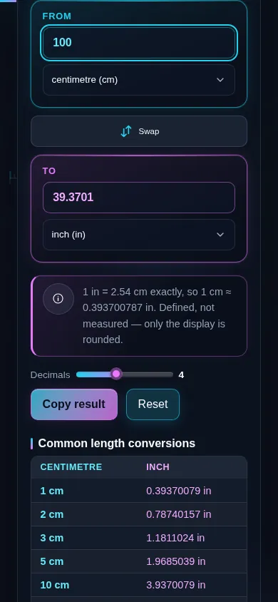 The length converter on a phone screen, the two panes stacked with the swap control between them.