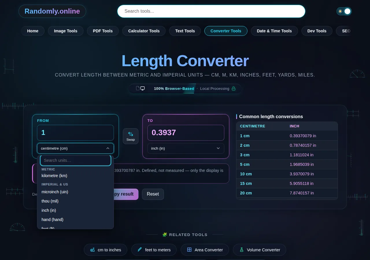The length converter unit list open at the boundary between its metric group and its imperial and US group, with the marine, typography, survey and astronomical groups further down the same list.