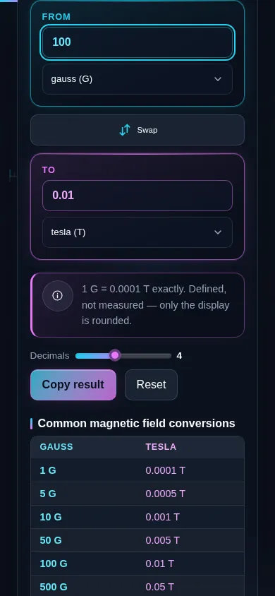 The magnetic field converter on a phone screen, the two panes stacked with the swap control between them.