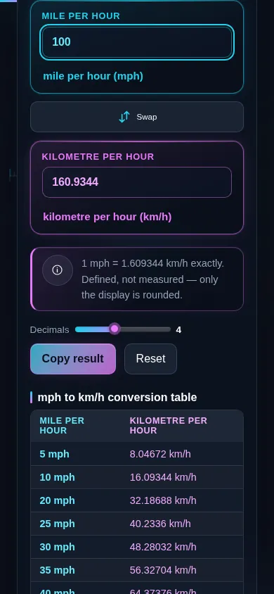The mph to km/h converter on a phone screen, the two panes stacked with the swap control between them.