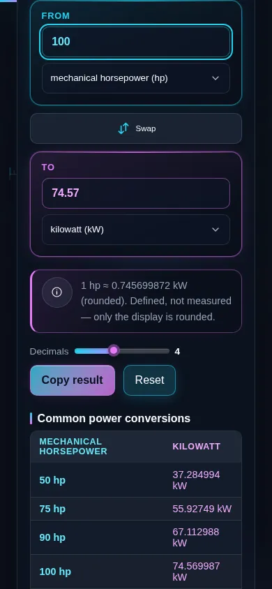 The power converter on a phone screen, the two panes stacked with the swap control between them.