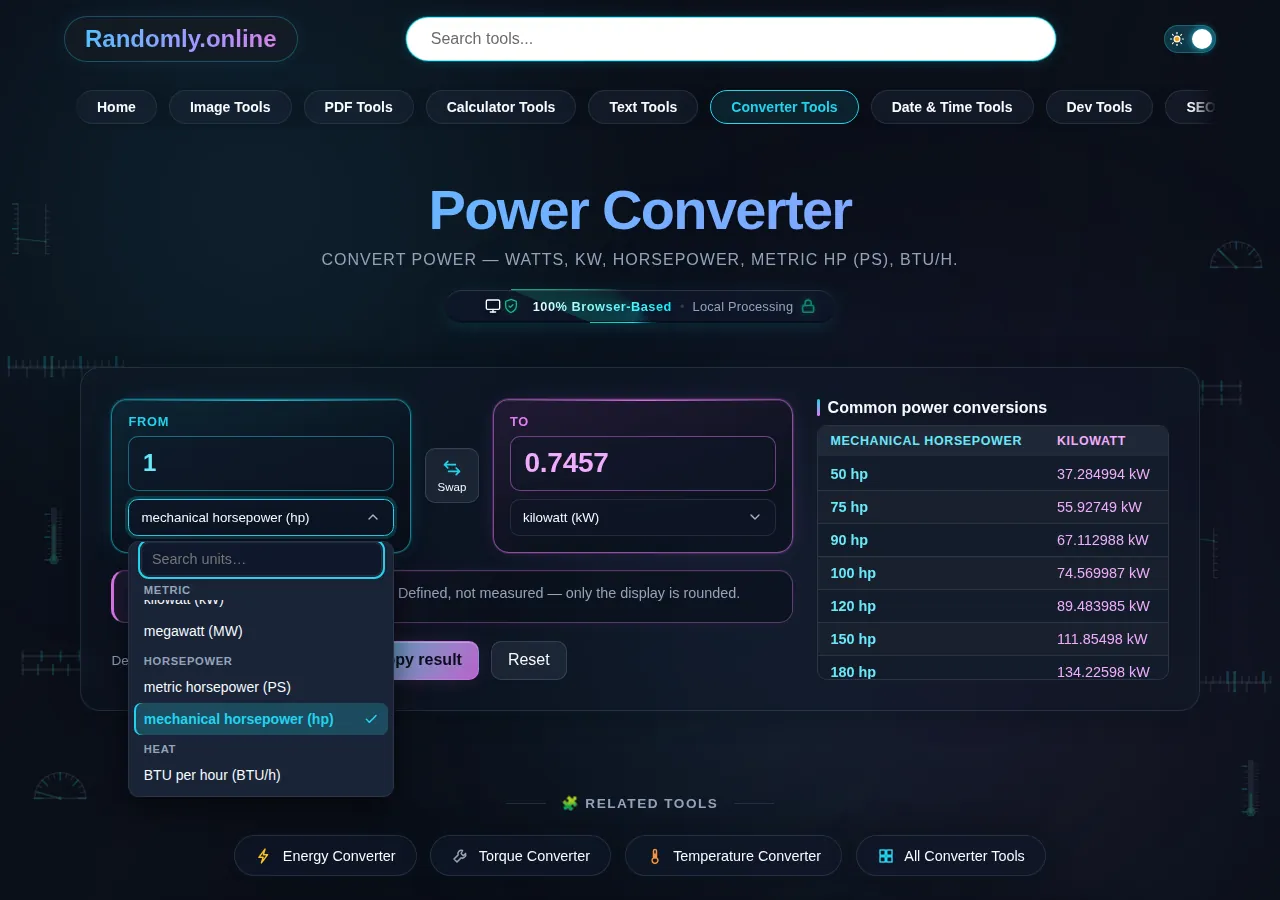 The power converter unit list open at the boundary between its metric group and its horsepower group, with metric horsepower and mechanical horsepower below the heading.