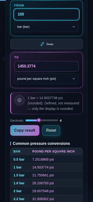 The pressure converter on a phone screen, the two panes stacked with the swap control between them.