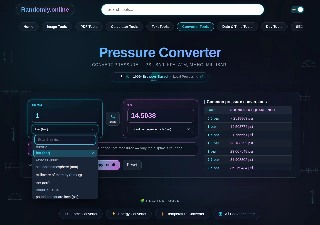 The pressure converter unit list open at the boundary between its metric group and its atmospheric group, with standard atmosphere, millimetre of mercury and torr among the units below the heading.