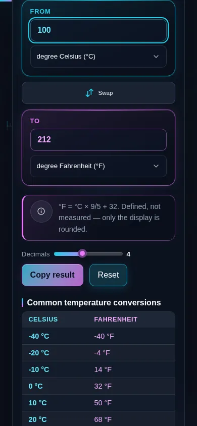 The temperature converter on a phone screen, the two scales stacked with the swap control between them.