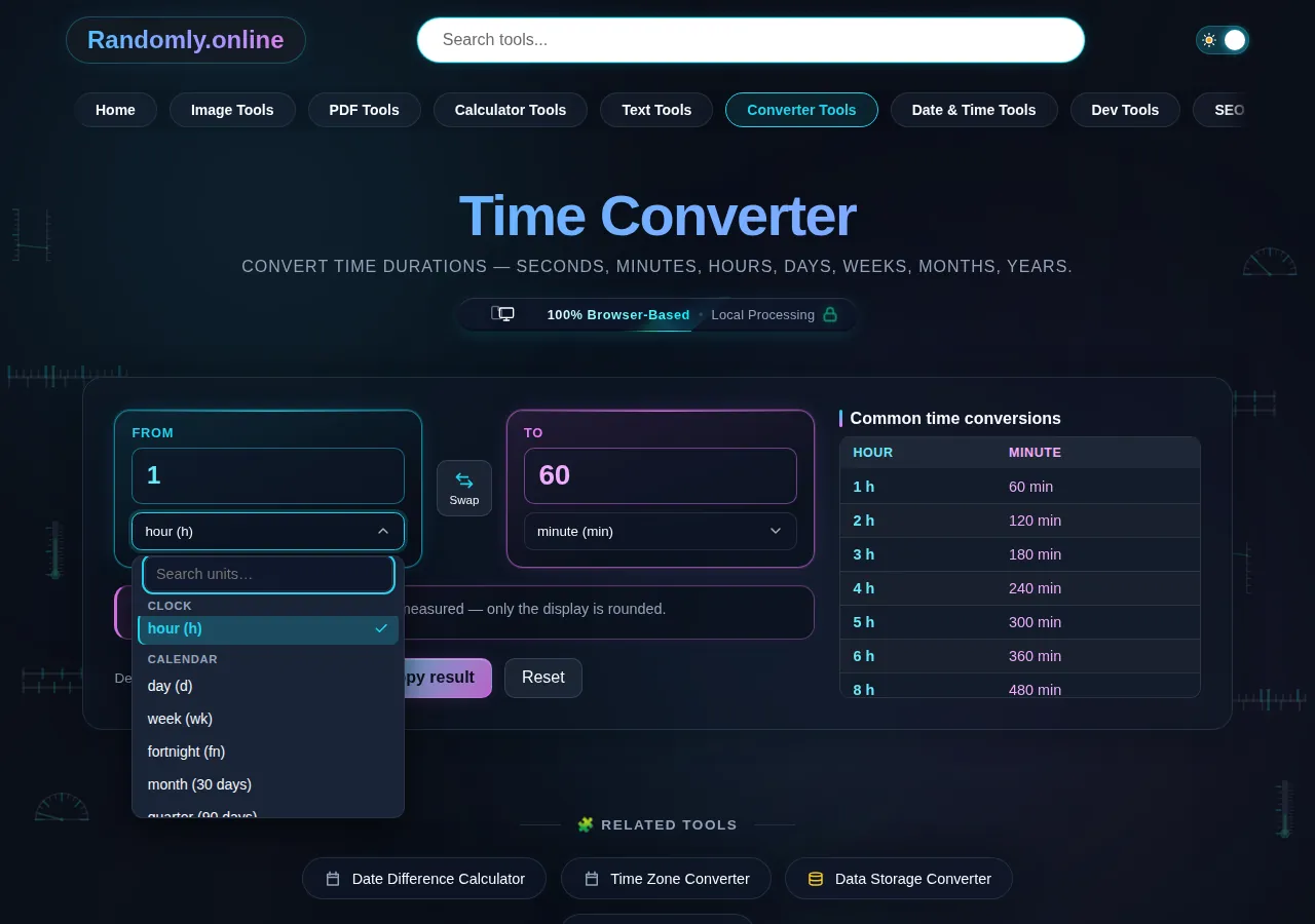 The time converter unit list open at its calendar group, where the entries name a month as 30 days and a year as 365 days rather than leaving the length unsaid.