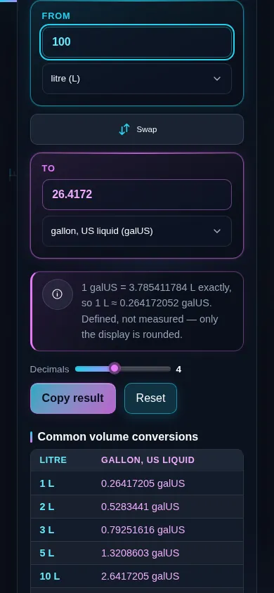 The volume converter on a phone screen, the two panes stacked with the swap control between them.