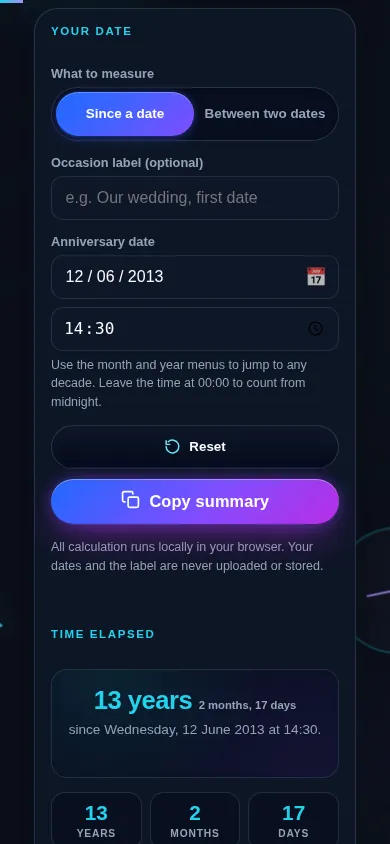 Anniversary Calculator - Years, Months & Days Together | Randomly.online