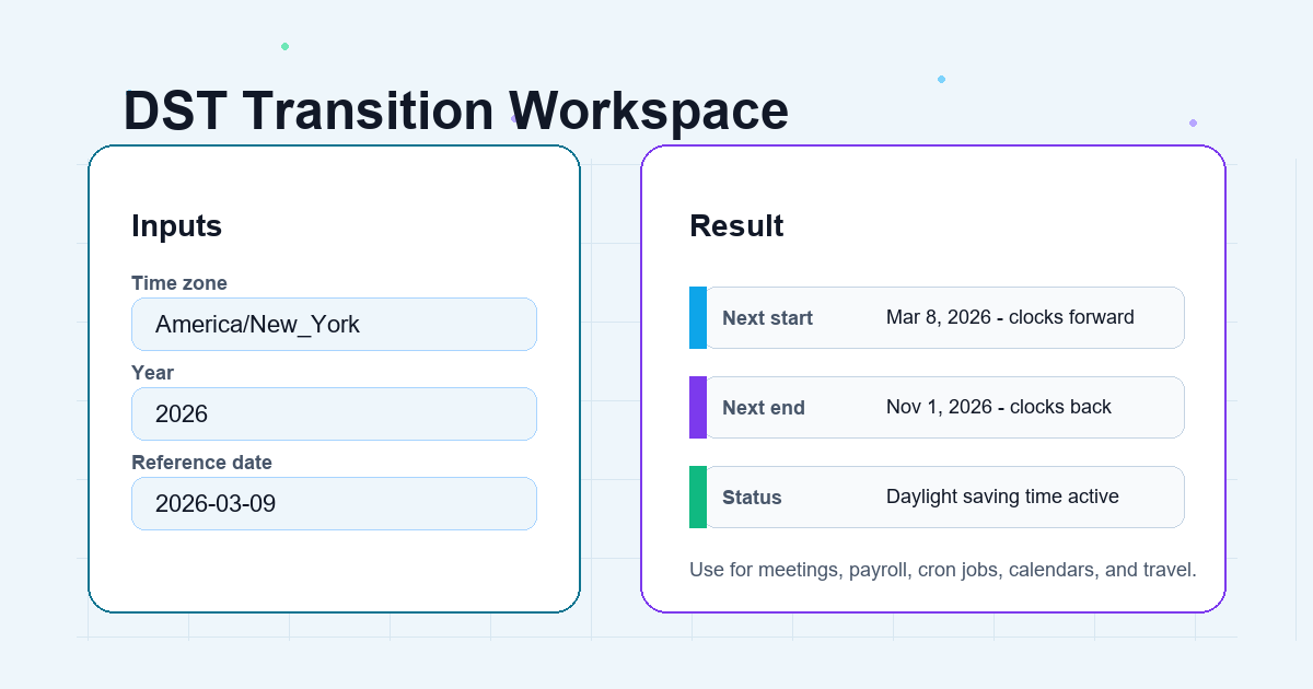 DST transition workspace showing timezone, year, reference date, DST start, DST end, and daylight saving status