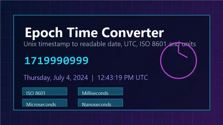 Epoch Time Converter dashboard showing Unix timestamp input, readable UTC date, ISO 8601 output, timezone search, and timestamp unit cards.