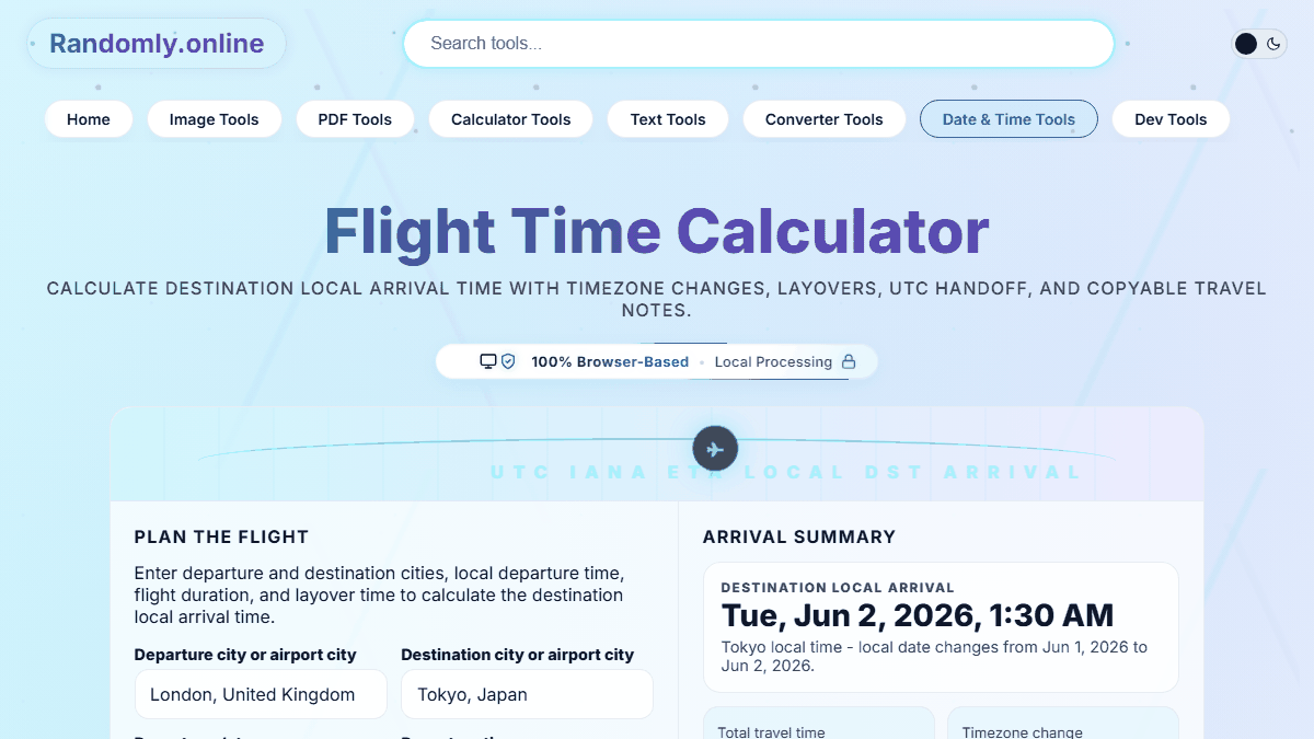 Flight time calculator workspace with departure city destination city duration and local arrival time