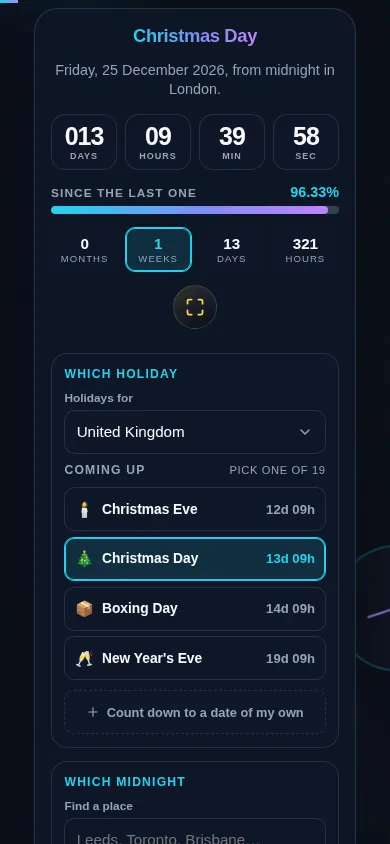 The Holiday Countdown on a 390px phone with the holiday name, the countdown, the elapsed bar and the milestone tiles stacked in one column above the region picker and holiday list