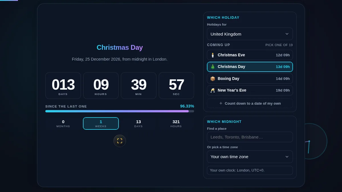 Holiday Countdown workspace with the countdown and milestone bands on the left and the region picker, upcoming holiday list and time zone controls on the right