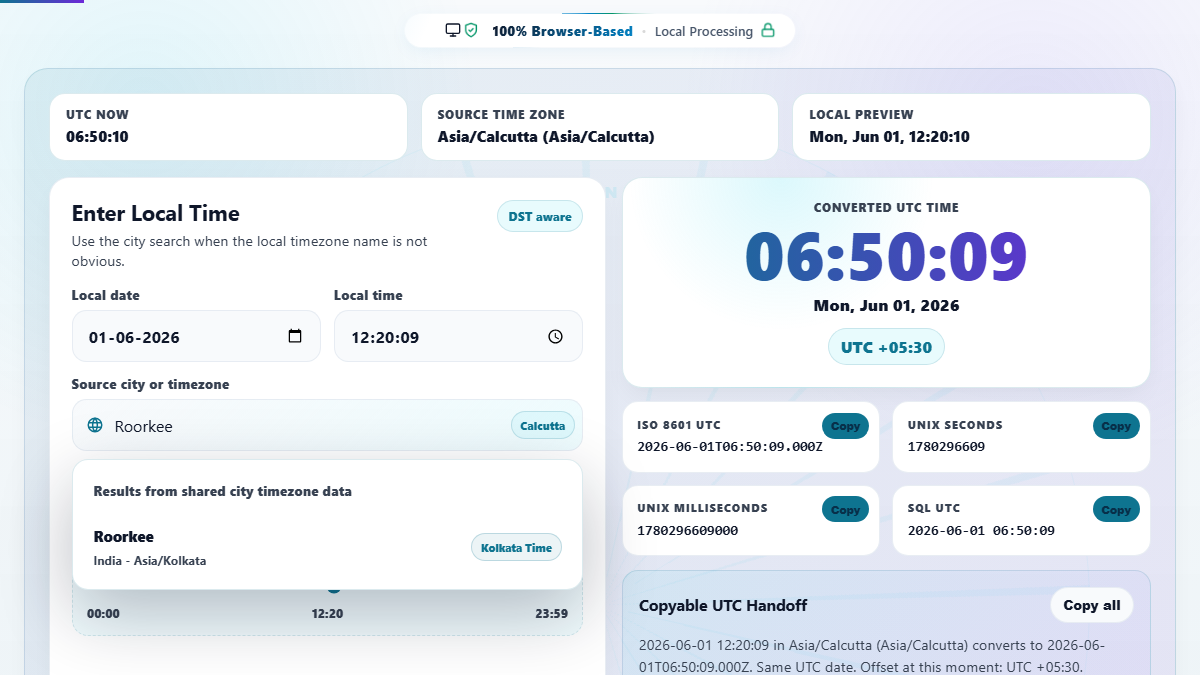 Searchable city timezone dropdown mapping a city name to an IANA timezone