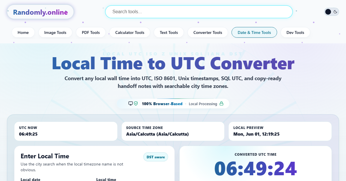 Open Graph preview for local time to UTC converter with city search and UTC outputs