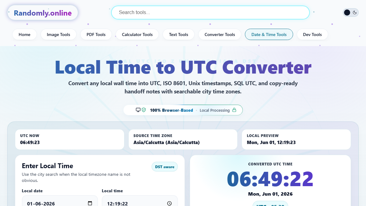 Compact local time to UTC converter workspace showing input and UTC output together