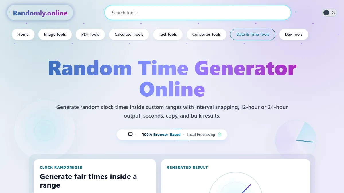 Random time generator with time range controls, interval snapping, format buttons, and generated time results