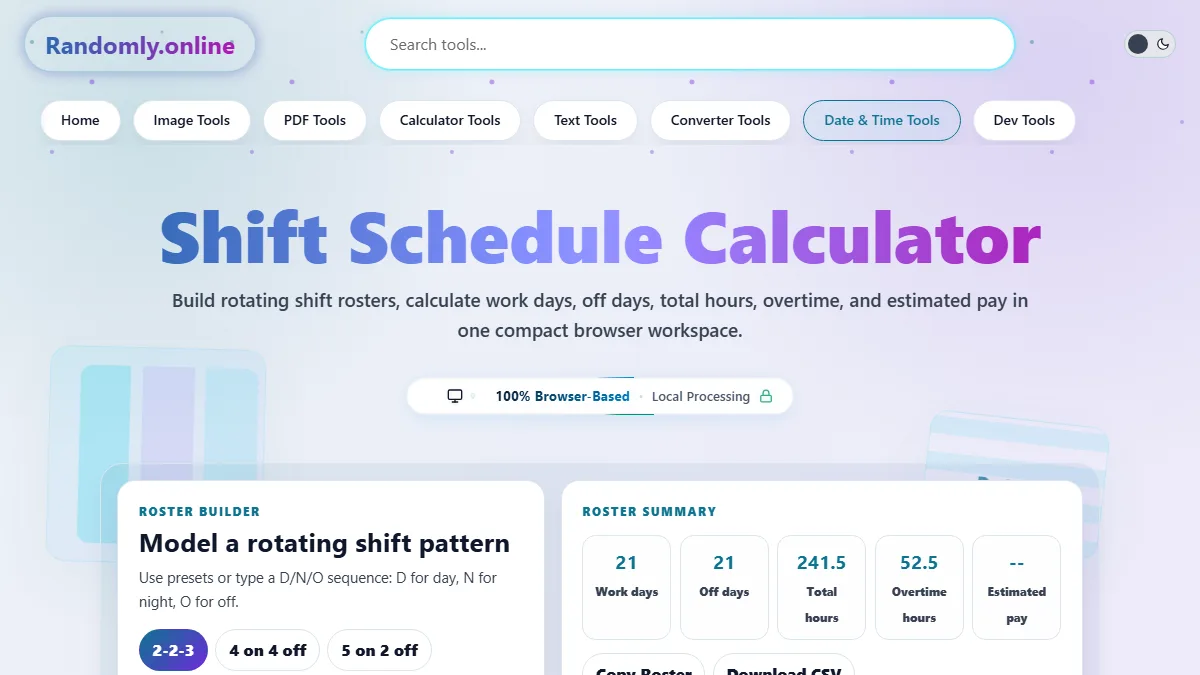 Shift schedule calculator with pattern presets, start date, shift hours, summary cards, and calendar preview