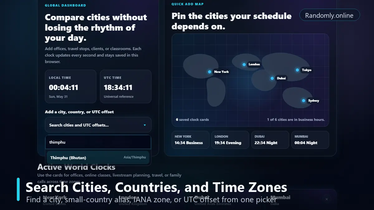 World Clock Online search dropdown for city country IANA timezone and UTC offset