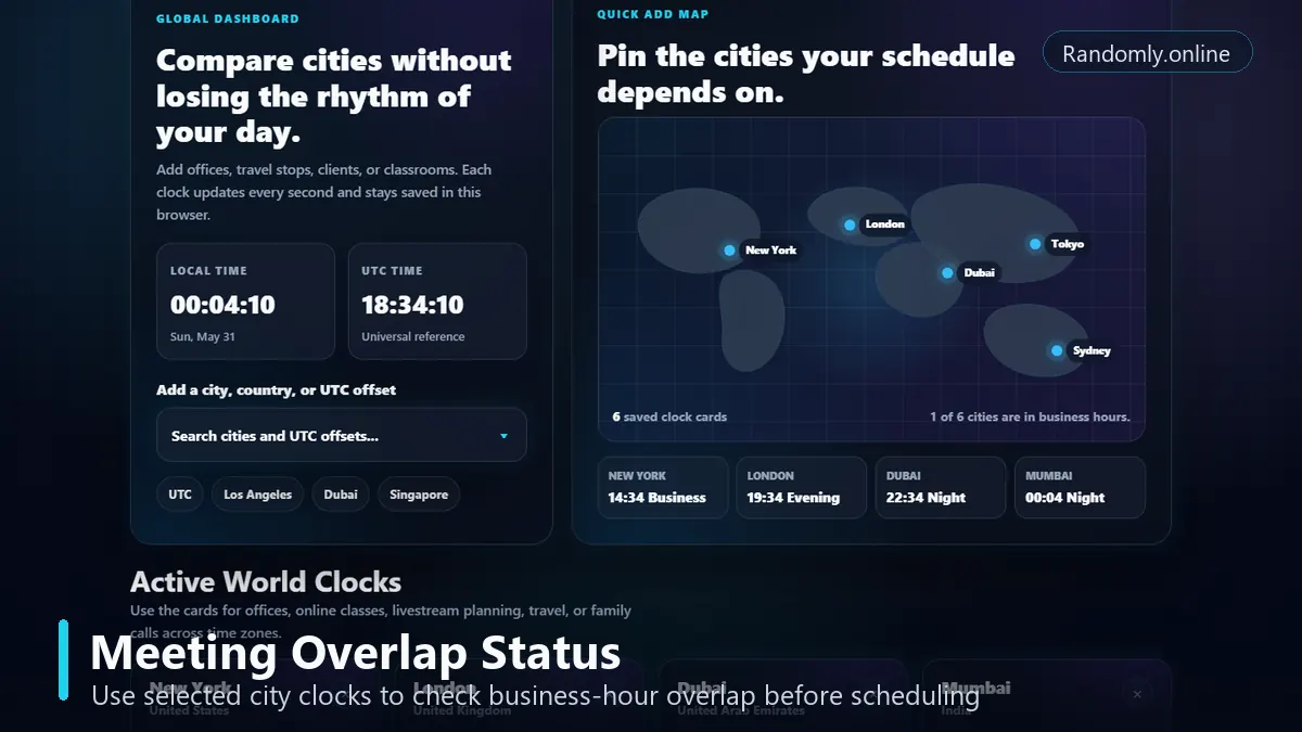 World clock meeting overlap status for selected global cities