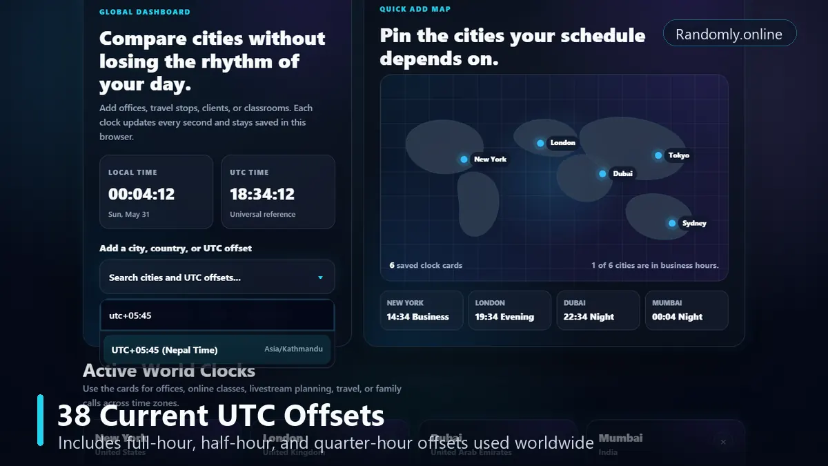 World clock UTC offset search showing non-standard half-hour and quarter-hour offsets
