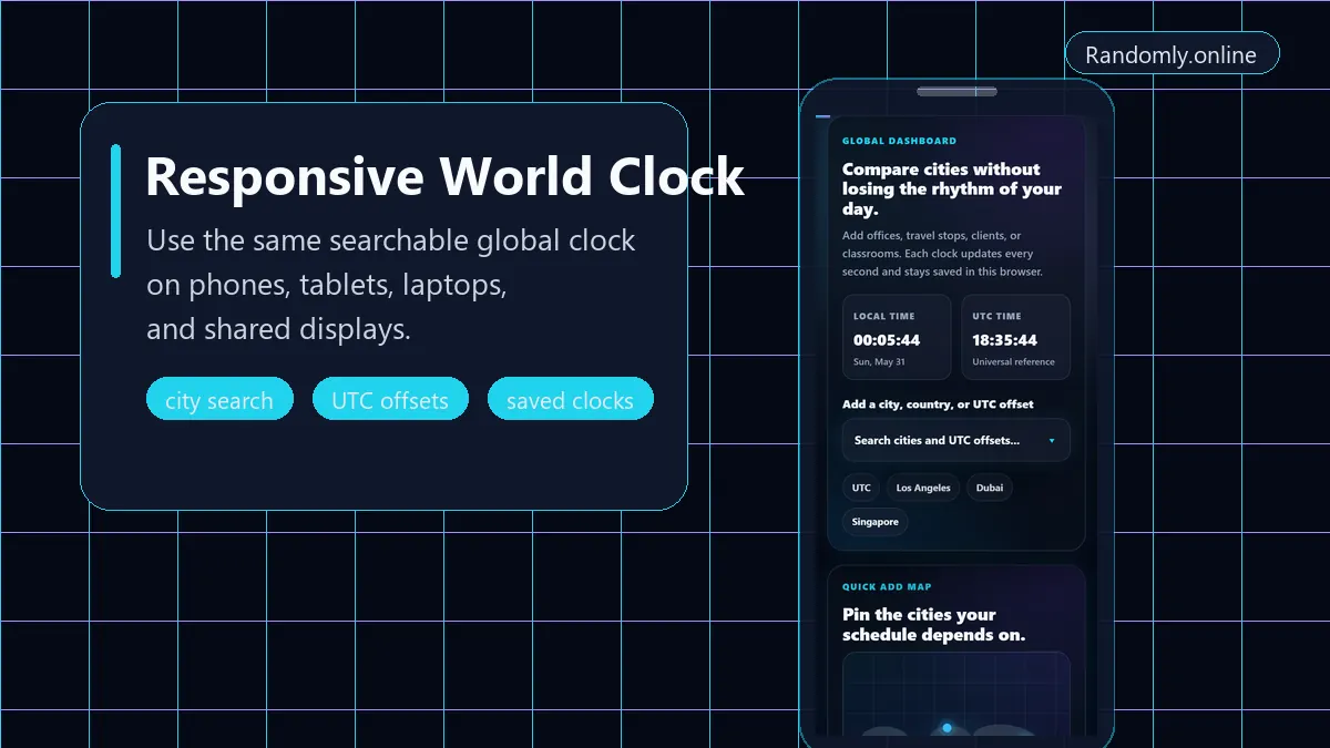 World Clock Online responsive mobile view with stacked clock controls