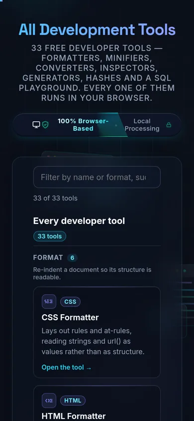 The All Development Tools directory on a 390-pixel phone: the title, the browser-based privacy badge, the filter field with its 33 of 33 tools tally, and the Format group cards stacked one per row