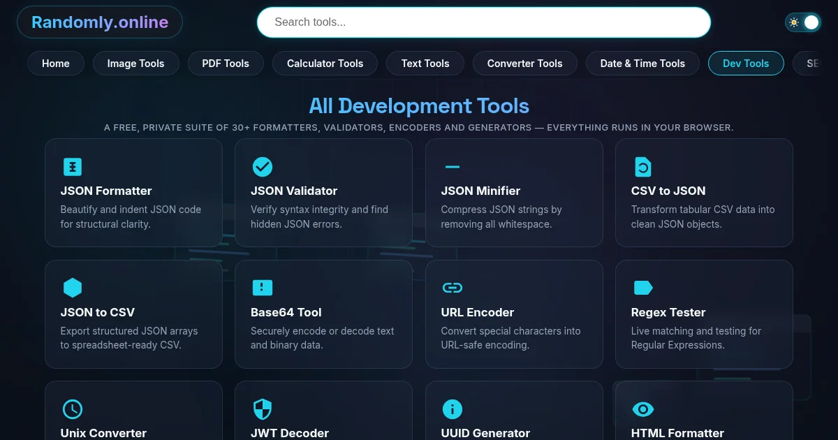 The developer tools hub page on Randomly.online