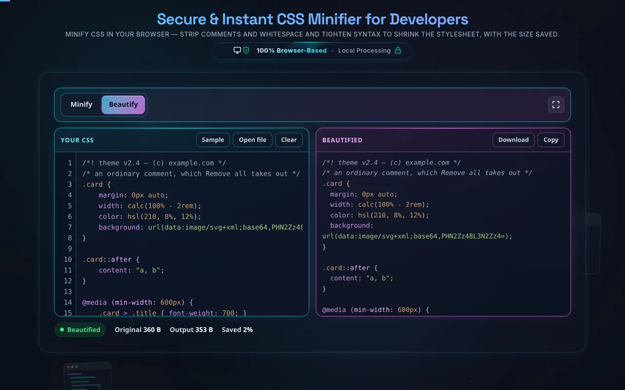 The CSS minifier with Beautify selected: the comments switch and the zero switch are hidden because they do not apply, and the magenta pane holds the stylesheet expanded again with one declaration per line