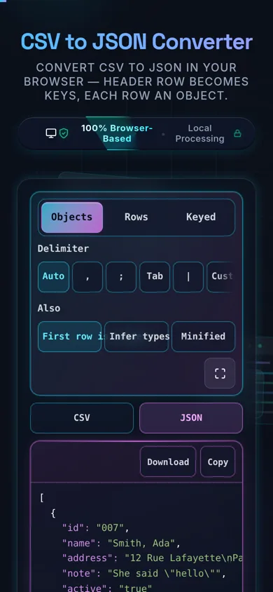 The converter on a 390-pixel phone: the shape segment and the delimiter buttons stacked across the top, a tab strip switching between the CSV and JSON panes, and the JSON output filling the width