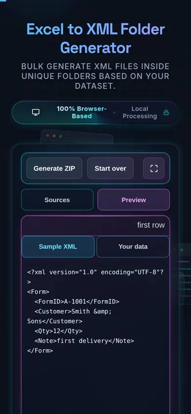 The generator on a phone. The two file zones and the four configuration fields sit under a Sources and Preview tab pair, with the Preview tab open on the filled sample XML.