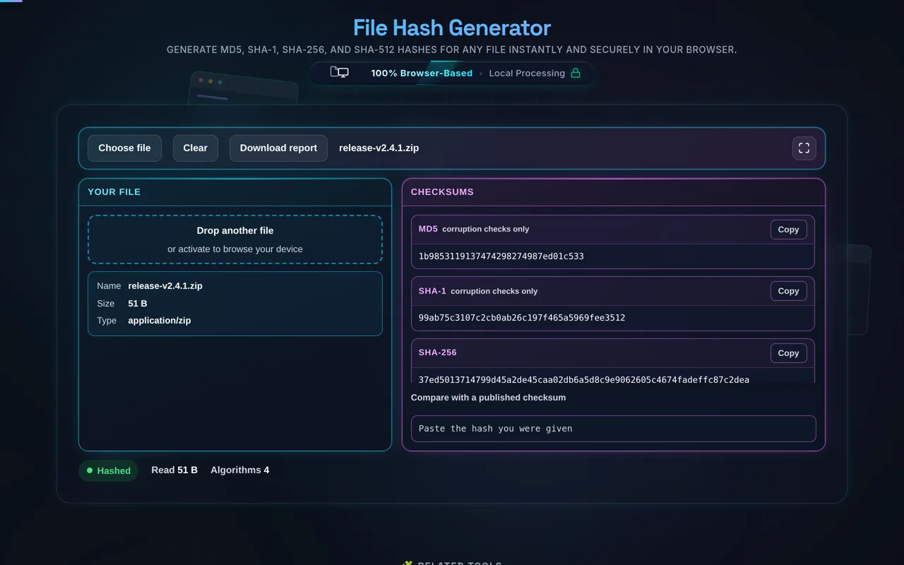 The File Hash Generator in dark mode: a chosen zip file with its name, size and type in the cyan pane on the left, and MD5, SHA-1, SHA-256 and SHA-512 digests in the magenta pane on the right, MD5 and SHA-1 each labelled "corruption checks only"