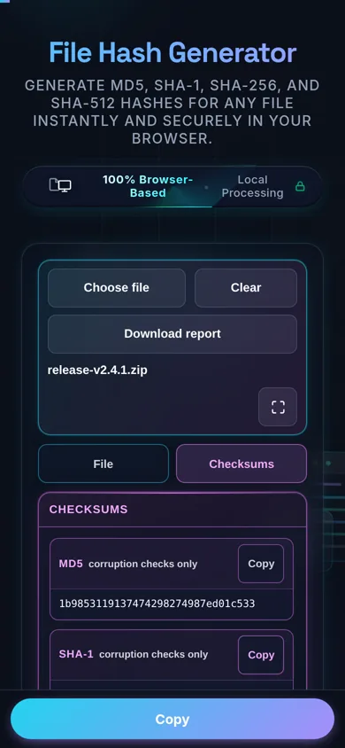 The File Hash Generator on a phone screen, with File and Checksums as two tabs, Checksums selected, the four digests stacked at full width and the compare field pinned below them